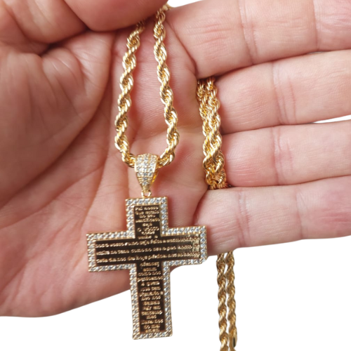 Colar Dourado Cordão Baiano Com Cruz Pai Nosso