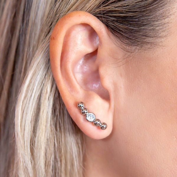 Brinco Aço Inox Ear Cuff Pedra e Esferas