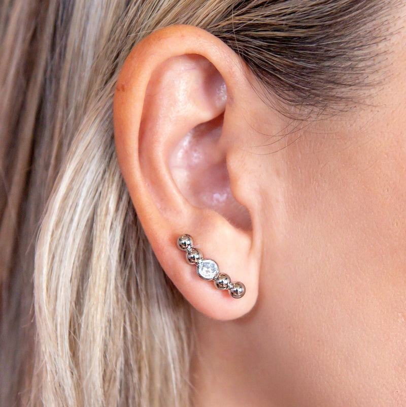 Brinco Aço Inox Ear Cuff Pedra e Esferas