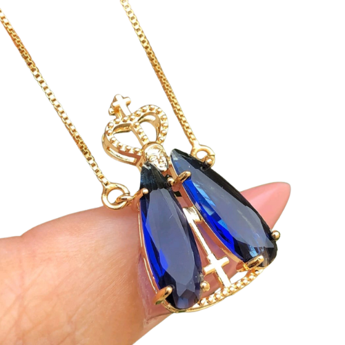 Colar Dourado Pingente Nossa Senhora Pedra Fusion