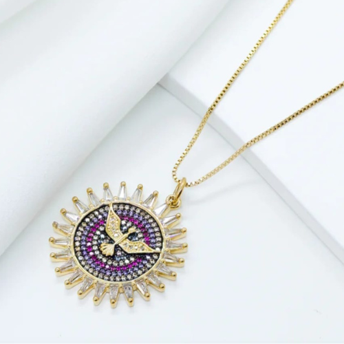 Colar Dourado Com Medalha Espírito Santo Zircônias Cravejadas