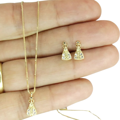 Conjunto Dourado Colar e Brincos Nossa Sra Aparecida