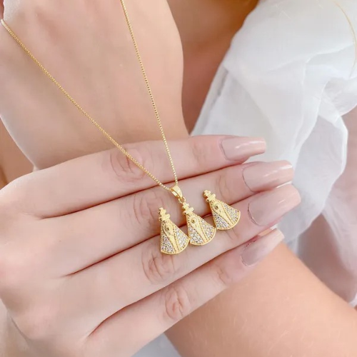 Conjunto Dourado Colar e Brincos Nossa Sra Aparecida